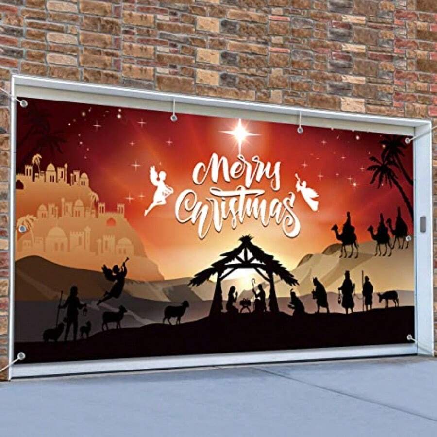 DChristmas Nativity Garage Door Banner Cover 7x16ft Extra Large Fabric Nativity Scene Christmas Backdrop Photo Booth Background For Xmas Holiday Winter New Year Eve Party Decorations Supplies10