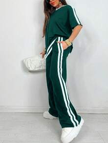 大码女式休闲T恤+侧条纹口袋阔腿裤套装