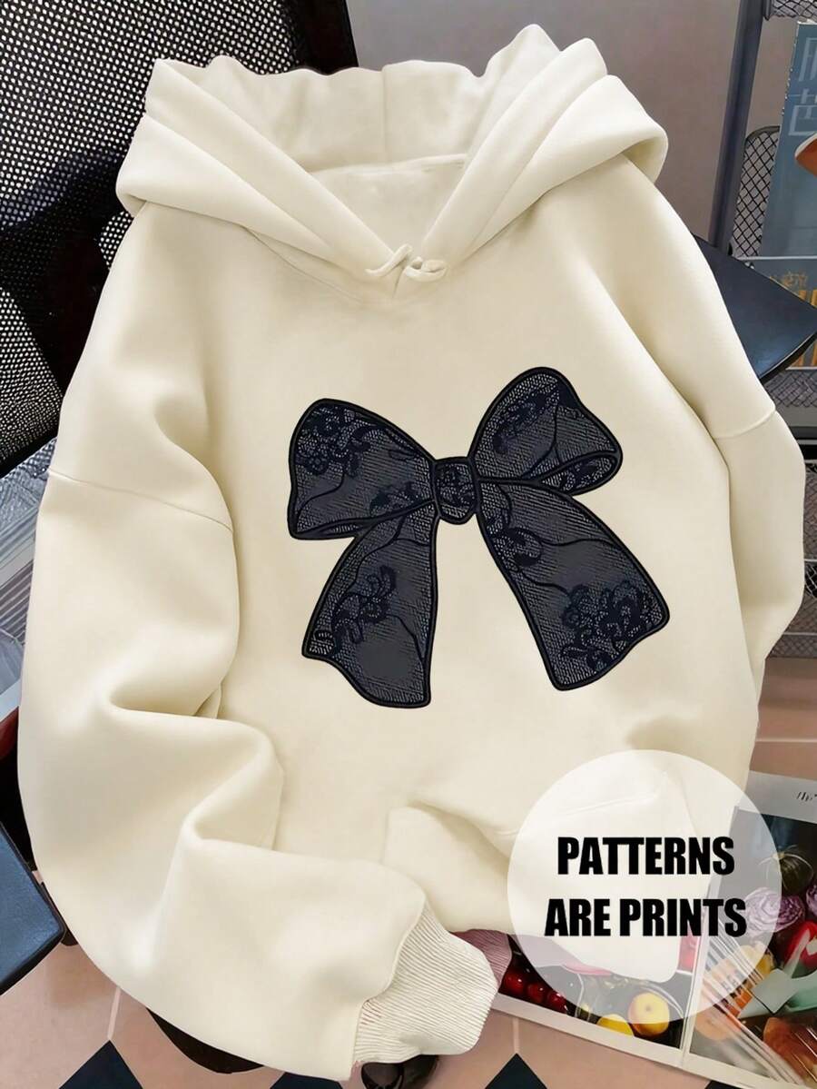 Women's Casual Bow Decor Sweatshirt, Winter Clothes For Women Hoodie, Women's Long Sleeve Pocket Drawstring Hoodie