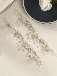 Pente de cabelo de noiva com pérolas artificiais e strass (1 peça), acessório de cabelo artesanal simples e versátil para mulheres, ideal para o Dia dos Namorados e casamentos. - Prata - Ver 14