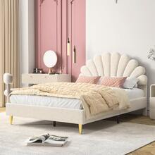 Letto matrimoniale 140 x 200 cm, testiera a forma di fiore, letto imbottito per bambina con doghe in legno, velluto, letto principessa a forma di petalo, camera da letto, beige/bordeaux, materasso non incluso