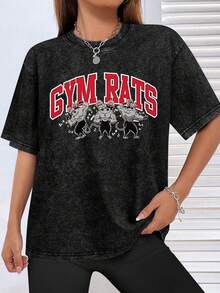 Vintage Vintage Men's Washed T-Shirt, GYM RATS Muscle Mouse Cartoon Print, Fitness Enthusiast Top004 - Đen 4 - Xem 3