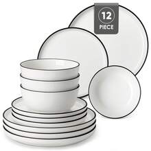 MALACASA 12/16/18/24-Piece White Porcelain Dinner Plate Set With Black Rim And Curved Edge, Including Dinner Plates, Dessert Plates, Pasta Bowls, And Bowls, For 4/6 People - White - 白色 - 查看 15