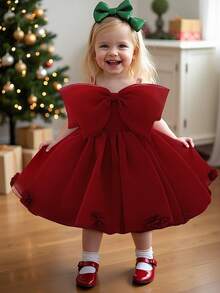 Baby Girls Spaghetti Strap Bow Organza Cute Flower Girl Princess Dress, Suitable For 1st Birthday, Wedding, Party, Does Not Include Headband - Burgundy - View 4