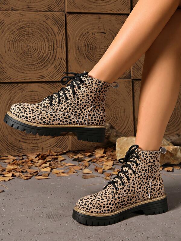 Women's Leopard Print & Solid Color Lace-Up Thick Sole Boots, Non-Slip Casual Mid-Heel Shoes, Versatile For Daily Wear All Seasons, Classic Punk Style Short Boots, Outdoor Riding Boots, Motorcycle Boots