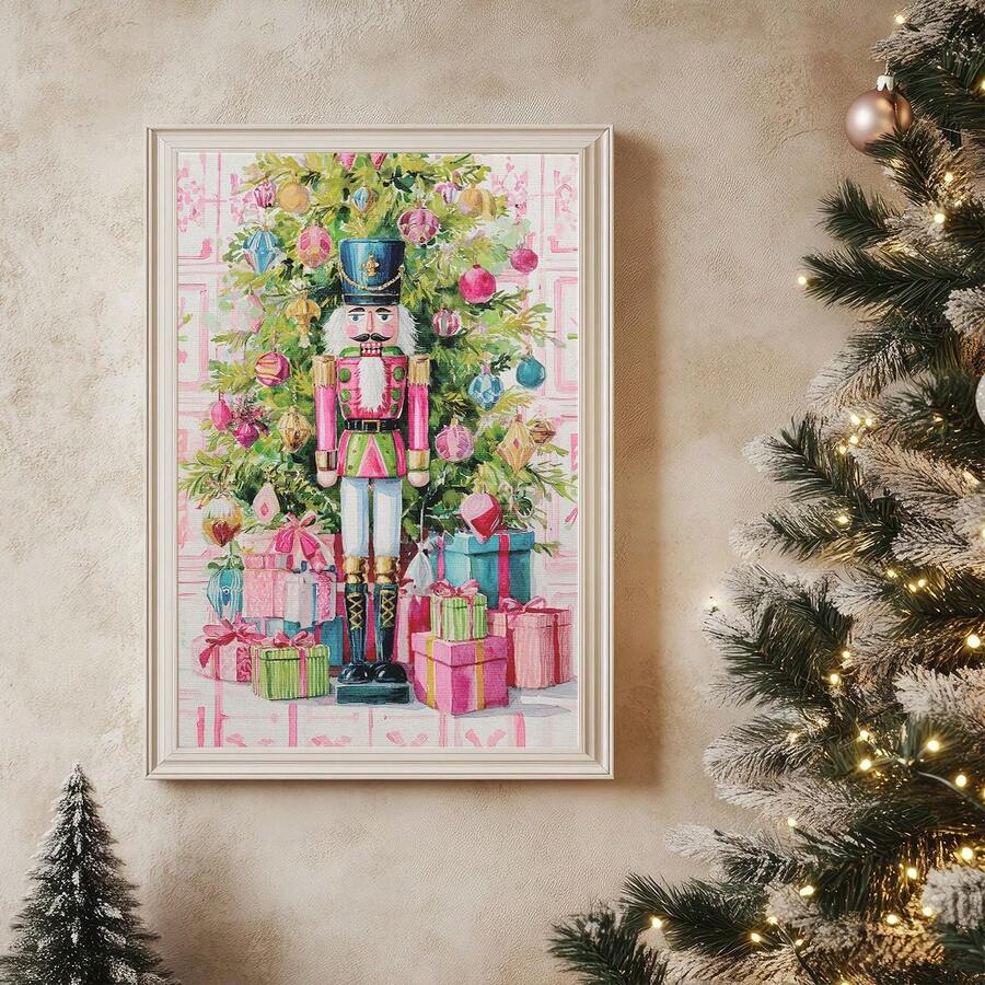 1 件带画框/画布的圣诞墙饰，粉色和绿色胡桃夹子绘画，圣诞主题海报，圣诞卧室装饰，房间装饰，家居装饰，客厅装饰，圣诞饰品，冬季装饰，家居冬季装饰，圣诞墙饰 - 彩色 - 查看 1