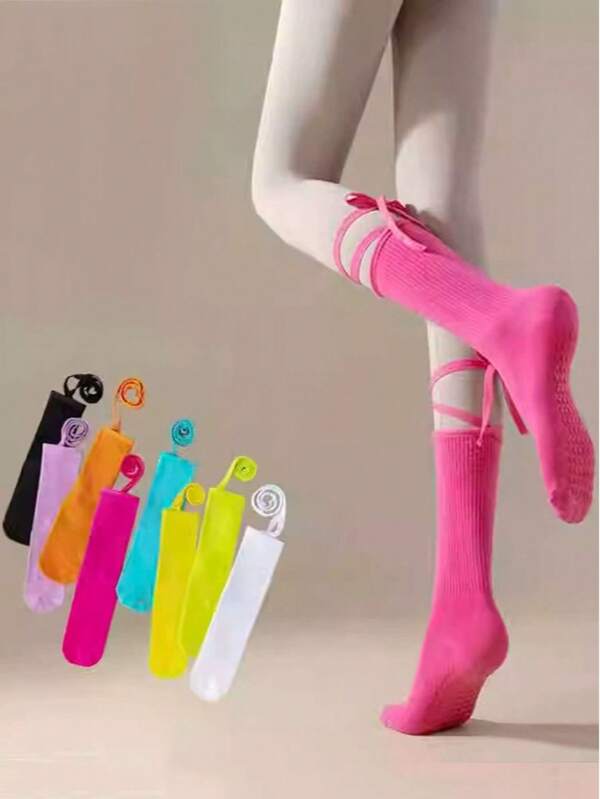 1 Pair Women's Yoga Socks, Pilates Workout Fitness Dance Socks, Colorful Mid-Calf Lace-Up Versatile Socks, Non-Slip Breathable Moisture-Wicking Sports Socks