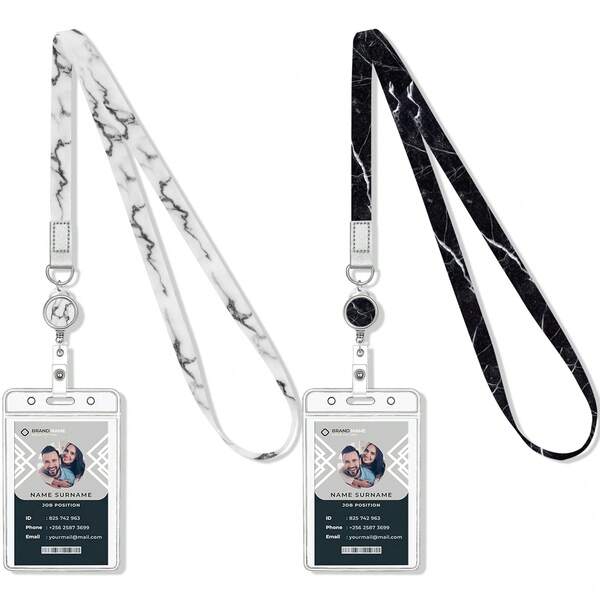 2 Pacotes Acessórios Essenciais de Cordão de Crachá Retráctil Pesado com Suporte de Crachá de Identificação para Cartões de Navio de Cruzeiro, Estampa de Mármore