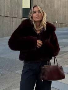 HH Women Solid Faux Fur Jackets Long Sleeves For Warmth Winter Coat Female Fashion Turn-Down Collar Loose Casual Outerwear - 酒紅色 - 查看 3