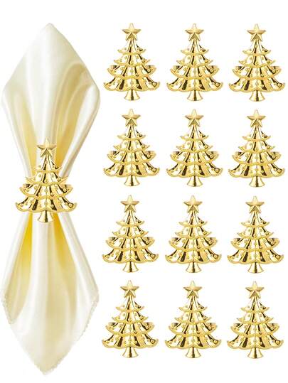 120/12/6/2/1pc Christmas Napkin Rings, Golden Christmas Tree Napkin Holder For Man&Woman, Reusable Family Gathering, Banquet, Metal Xmas Buckles For Table Setting, Christmas Party Dining Table Decorations, Christmas Party Holiday Supplies
