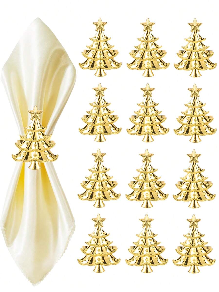 120/12/6/2/1 pezzo Anelli per tovaglioli natalizi, Portaposate natalizi dorati a forma di albero di Natale per uomo e donna, riutilizzabili per raduni familiari, banchetti, fibbie metalliche natalizie per apparecchiare la tavola, decorazioni per tavola da pranzo per feste di Natale, forniture per feste natalizie