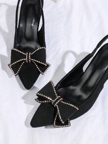 Fall/Winter New Stylish Black Kitten Heel Rhinestone Bow Decor Office Party Wedding Women High Heel Pumps, Elegant - Black - View 5