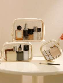 Geantă cosmetică mică transparentă pentru poșetă, geantă de machiaj mini transparentă pentru școală, geantă de machiaj transparentă drăguță pentru călătorie, geantă mică din piele albă pentru machiaj, geantă de toaletă, geantă pătrată impermeabilă cu fermoar, penar, geantă de ruj, geantă de machiaj, potrivită pentru studenți și uz zilnic, cadouri pentru prieteni și iubite.