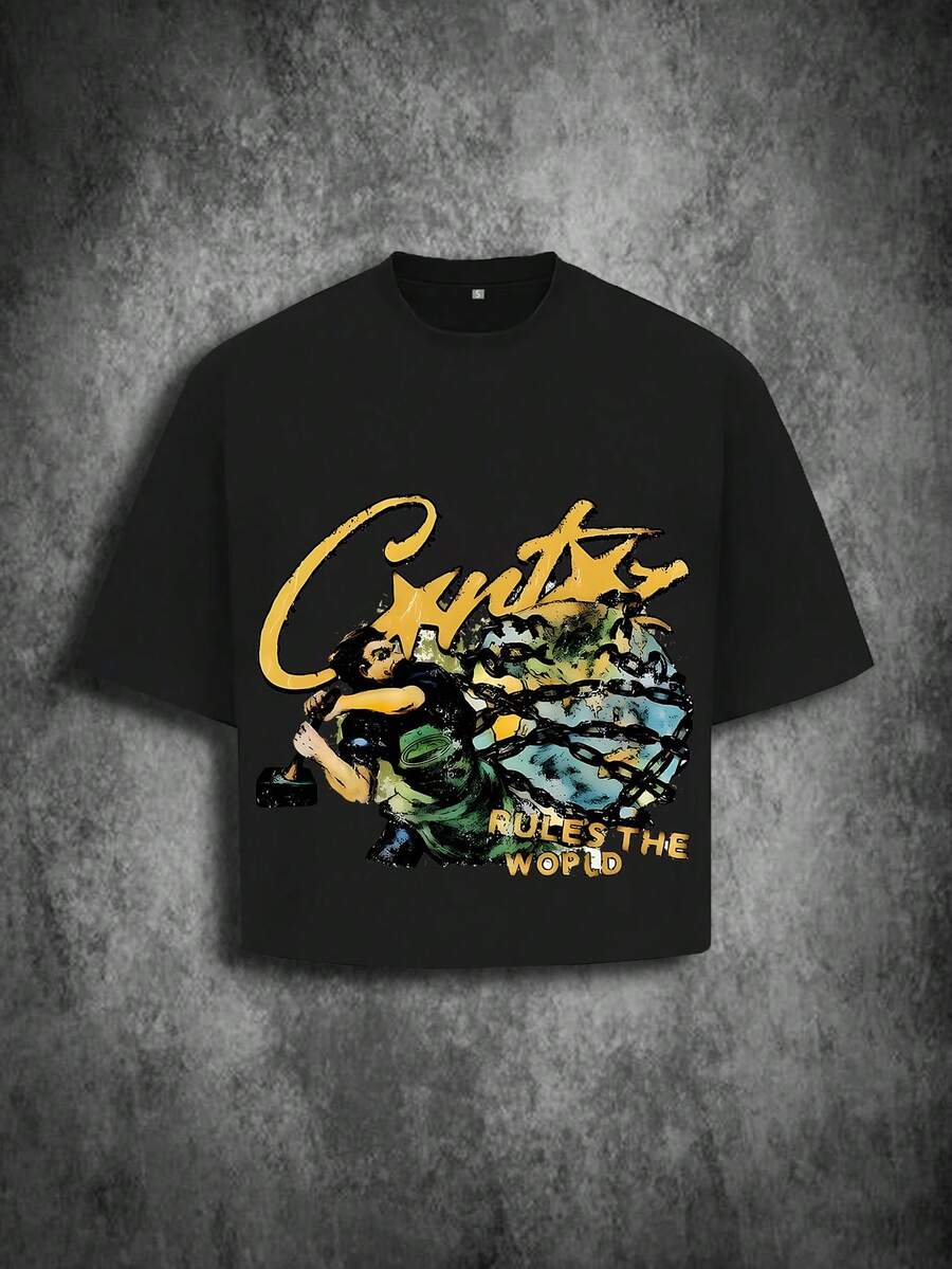 A 220g Cotton T-Shirt, The Front Of Which Is Decorated With Patterns And Words Full Of Street . The Pattern Presents A Powerful Character Image, Which Is Unique To Street Culture With Elements Such As Chains And The Earth. Words Like "RULES THE WORLD" Convey The Fusion Expression Of Street Culture And Self-Assertion. T-Shirt Adopts The Artistic Style Of Street , Showing The Exploration Of The Integration Of Street Elements And  Personality, Suitable For Daily Wear And Helping You Create A Unique Street  Style. - 黑色 - 查看 1