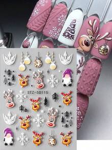 2 pezzi Adesivi per unghie natalizi con renne e Babbo Natale, decorazioni a rilievo 5D a fiocchi di neve, per manicure festive, decorazioni per unghie 3D per il Natale