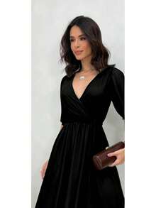 Luxury Long Dress With Short Sleeves For Brides And Guests - V-Neckline, Premium Tulle Belt, New Summer 2025 - màu đen - Xem 3