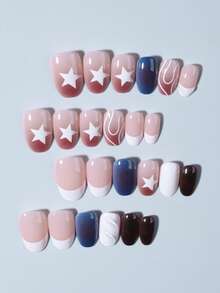 24pcs Short Oval 3D Gel Nail Stickers, Star Pattern Design, French Acrylic Press-On Nails, Short Size Perfect Fit, Set Includes: 1pc Jelly Gel And 1pc Nail File, Autumn Nail Art Makes Your Fingertips Shine Beautifully, Suitable For Parties, Dancing And Daily Wear - Multicolor - View 3