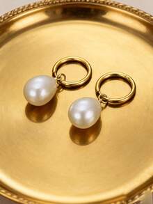 3 件套 18K 镀金不锈钢耳环和项链套装，配有泪滴状人造珍珠吊坠，适合日常佩戴、节日、订婚、结婚礼物 - 金色 - 查看 3