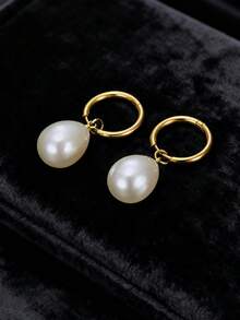 3 件套 18K 镀金不锈钢耳环和项链套装，配有泪滴状人造珍珠吊坠，适合日常佩戴、节日、订婚、结婚礼物 - 金色 - 查看 6