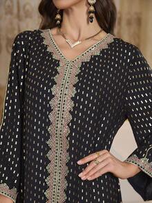 Gold Foil Long Sleeve Modest Dress - Black - View 6