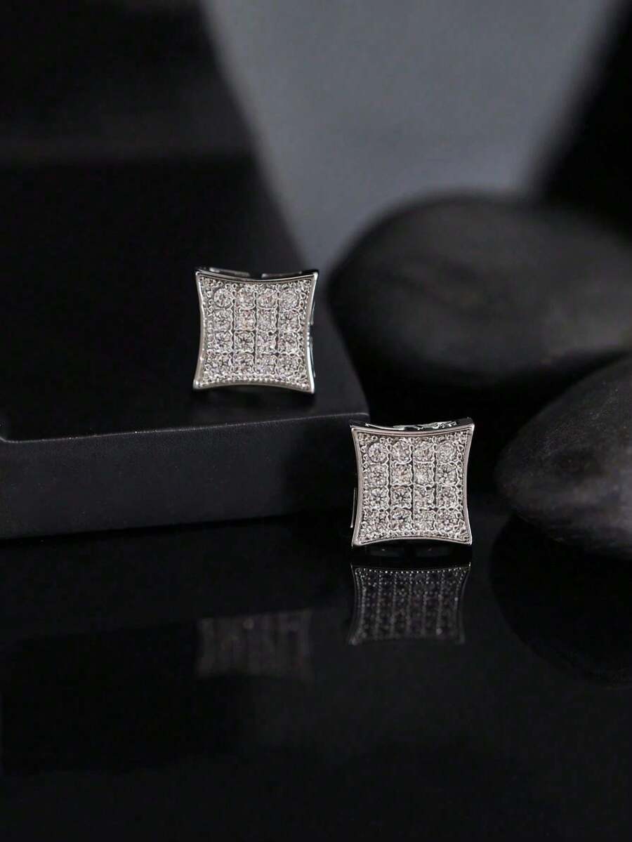 2 piezas Pendientes cuadrados de cobre con cristal de hielo y circonia para hombre, estilo hip hop, hipoalergénicos y de moda, adecuados como regalo