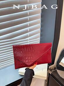 Bolsa envelope minimalista com aba e estampa de crocodilo em cor sólida, em PU moderno e casual - Borgonha - Ver 12