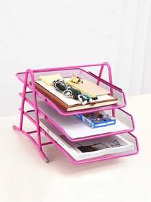 1pc Rose Red Office Metal Mesh Multi-Layer Storage Rack, File Rack, Pull-Out Document Rack, Desktop Organization Rack, Storage Rack