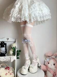 1双女士可爱JK洛丽塔提花蝴蝶结过膝袜，春夏百搭 - 白色 - 查看 2