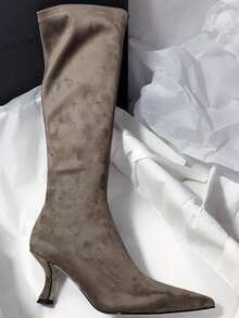 Fall/Winter Korean Style Minimalist Over-The-Knee Boots, Elastic Suede Skinny Boots With Side Zipper Pointed Toe High Heels,Kitten Heel Boots,Party