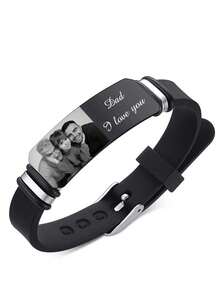 Customizable Photo And Text Bracelet, Personalized Engraved Wristband With Adjustable Black Strap, Anniversary Gift For Couples - Multicolor - View 5