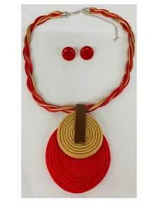 Braided Wire Necklace Set With Double Pendant + Resin Button Earrings – Sophistication In Every Detail. - Red - View 4