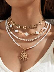 4pcs/Set Bohemian Ocean Style Pearl Beaded Starfish Pendant Necklace Set For Women, Suitable For Beach Party, Gift (Bead & Shell Sizes May Vary)