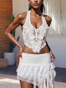 Women Y2K Floral Embroidered Halter Tops Sheer Mesh Camisole Tank Tops See Through Tie Back Sleeveless Deep V Neck Cami Crop  Tops Summer Backless Vests Shirts Going Out Tops Party Club Beach Vacation Streetwear Coquette Clothes - 白色 - 查看 4