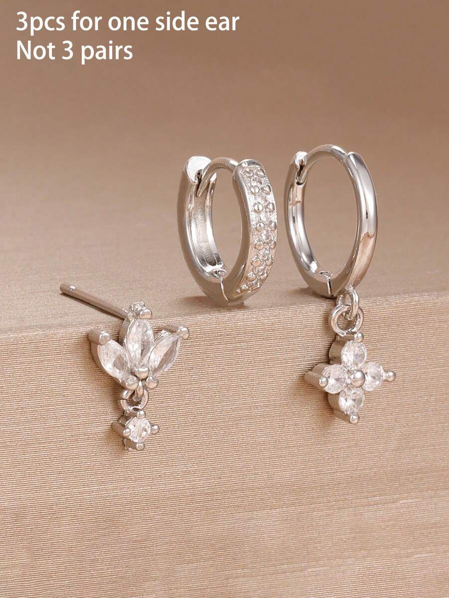 3PCS For One Side Ear Fashion White Zirconia Hanging Earrings Set For Women Stainless Steel Flower Dangle Earring Piercing Jewelry - Silver-4# - View 1