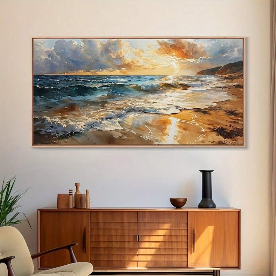1 幅无框帆布海报，海滩海边日落风景画，帆布墙艺术，艺术品墙画，可作为礼物、卧室、办公室、客厅、咖啡厅、酒吧、墙壁装饰、家庭和宿舍装饰 - 彩色 - 查看 1