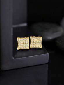 2 piezas Pendientes cuadrados de cobre con cristal de hielo y circonia para hombre, estilo hip hop, hipoalergénicos y de moda, adecuados como regalo