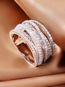 1 chiếc nhẫn Cubic Zirconia thiết kế chéo bản rộng lấp lánh chất lượng cao sang trọng, quà tặng trang sức tinh tế cho bạn gái, vợ, mẹ, ngày kỷ niệm, ngày lễ tình nhân, đám cưới - Bạc - Xem 4