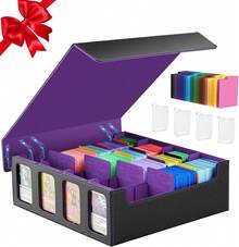 Caja de Cartas MTG Con Ventanas de Exhibición, MTG Deck Box con Capacidad para Más de 3200 Tarjetas, Con 24 Divisores de Colores, 4 Particiones Móviles Para Cartas de Juegos Mágicos(Negro&Púrpura) - Negro y Púrpura - Ver 8