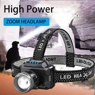 1 pieza Lámpara frontal de luz potente Faro LED potente y zoom Linterna frontal recargable por USB a prueba de agua Iluminación portátil para exteriores, trabajo, campamento, pesca