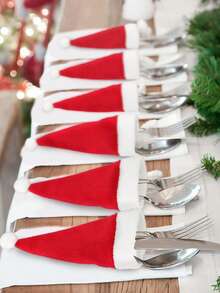 3PCS/5PCS/10pcs Mini Santa Hats For Christmas Tableware & Wine Bottle Decorations - Festive Red & White Holiday Party Accessories With Pom-Poms, Christmas Accessories, Perfect For Winter, New Year