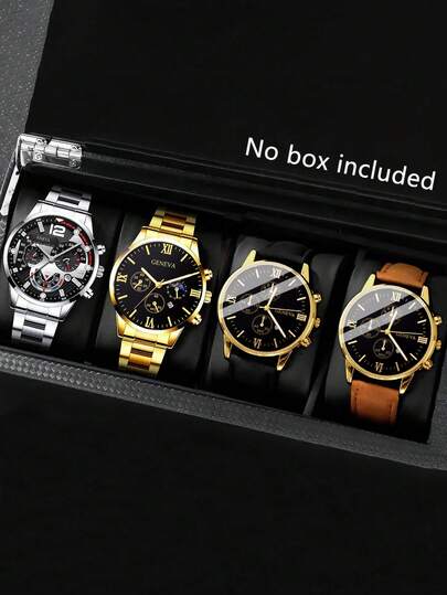 4pcs/Set Men's Business Casual Watch With Calendar, PU Leather & Alloy Strap, Gold/Silver Case, Suitable For Daily, Business, Birthday Party, Travel, Running