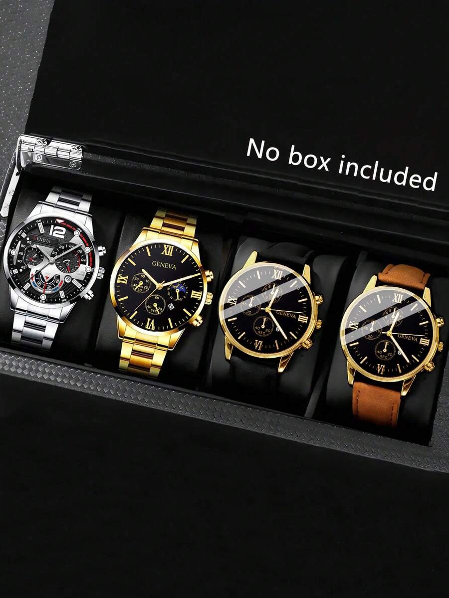 4pcs/Set Men's Business Casual Watch With Calendar, PU Leather & Alloy Strap, Gold/Silver Case, Suitable For Daily, Business, Birthday Party, Travel, Running