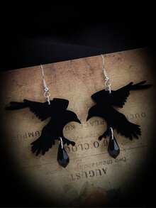 1Pair Gothic Black Crow Pendant Women's Earrings, Black Halloween Jewelry Girls Cool Fashion Accessories, Retro Witch Accessories