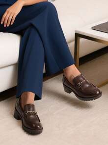 Women Flats Thick Sole Loafers Slip-On Round Toe British Style Casual Loafers For Daily Street, Commuting, Retro Chunky Shoes - Brown - View 2