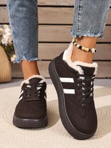 1 Pair Korean Style Fashion Sports Boots, Women's Winter Snow Boots, PU Low-Top Striped Design, Waterproof, Cold-Resistant, Wear-Resistant Outdoor Snow Boots