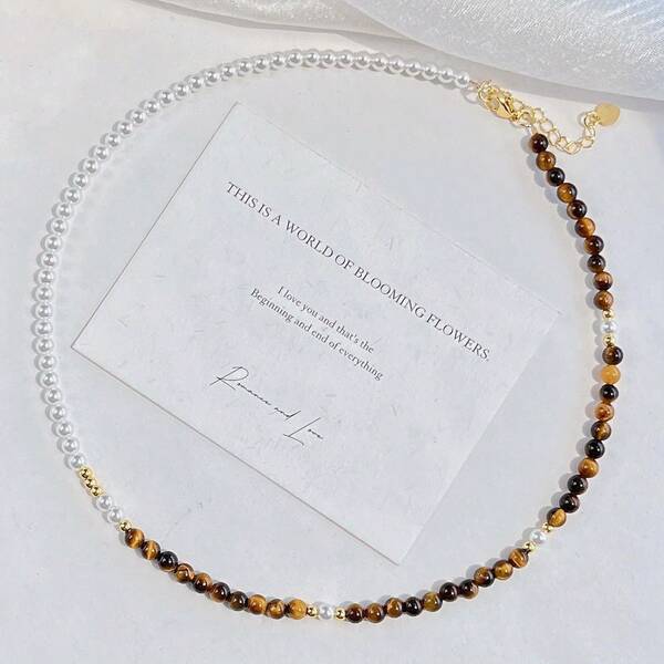 High-Quality Natural Tiger's Eye & Artificial Crystal Contrast Color Necklace, Vintage Style Suitable For Women's Daily Wear And Gift