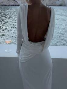 Plain Sexy Backless Ruched Long Sleeve Dress