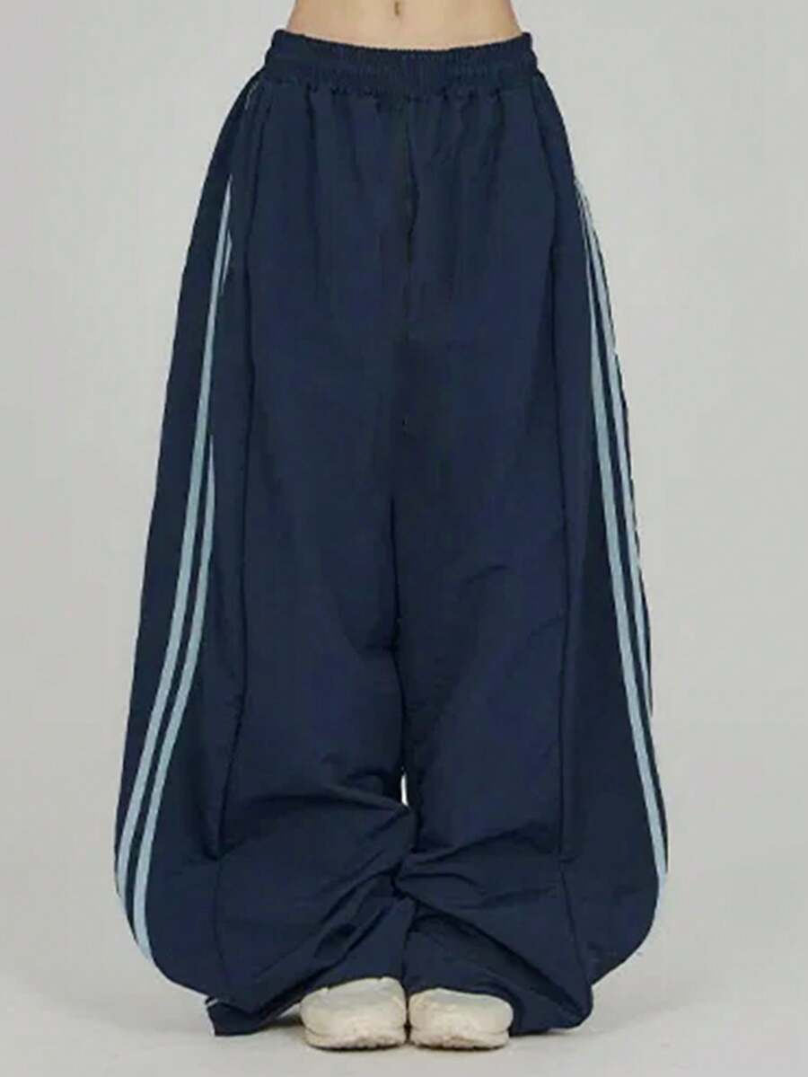 2026 Side Stripe Design Women Casual Loose Fit Wide Leg Pants - Navy Blue - View 1