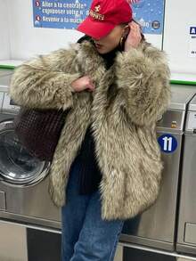 Christmas Women's Autumn/Winter Gradient Faux Fur Long Coat, Retro French Faux Fur Jacket, Romantic Versatile Commuter Faux Fur Coat