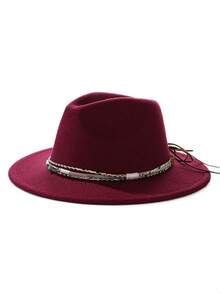 1pc Bohemian Style Faux Leather Decor Felt Fedora Hat, Soft Brim, Unisex Fashion For Work And Commute, Suitable For Autumn And Winter